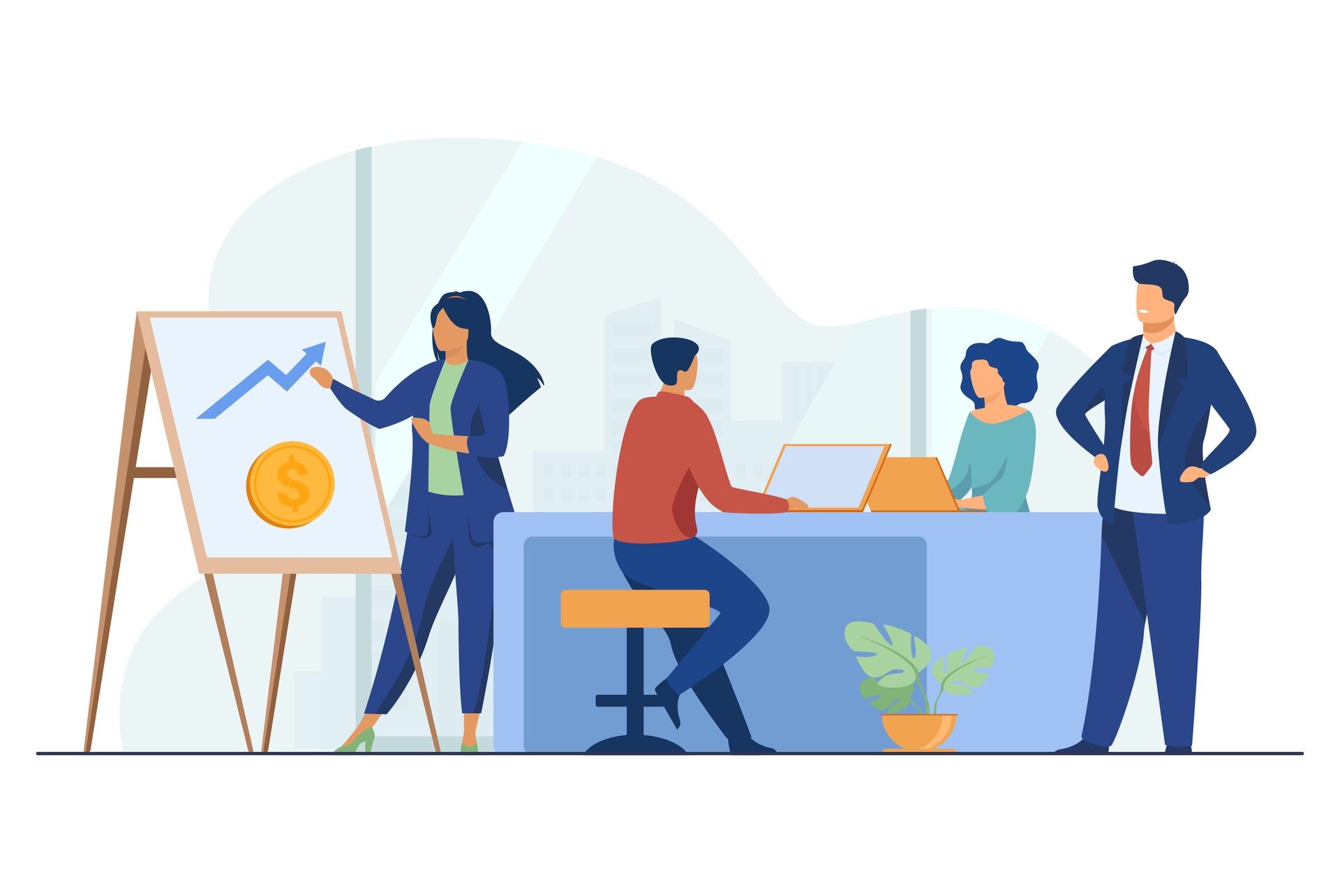 Illustration of a business meeting with colleagues, presentation board, and laptops.
