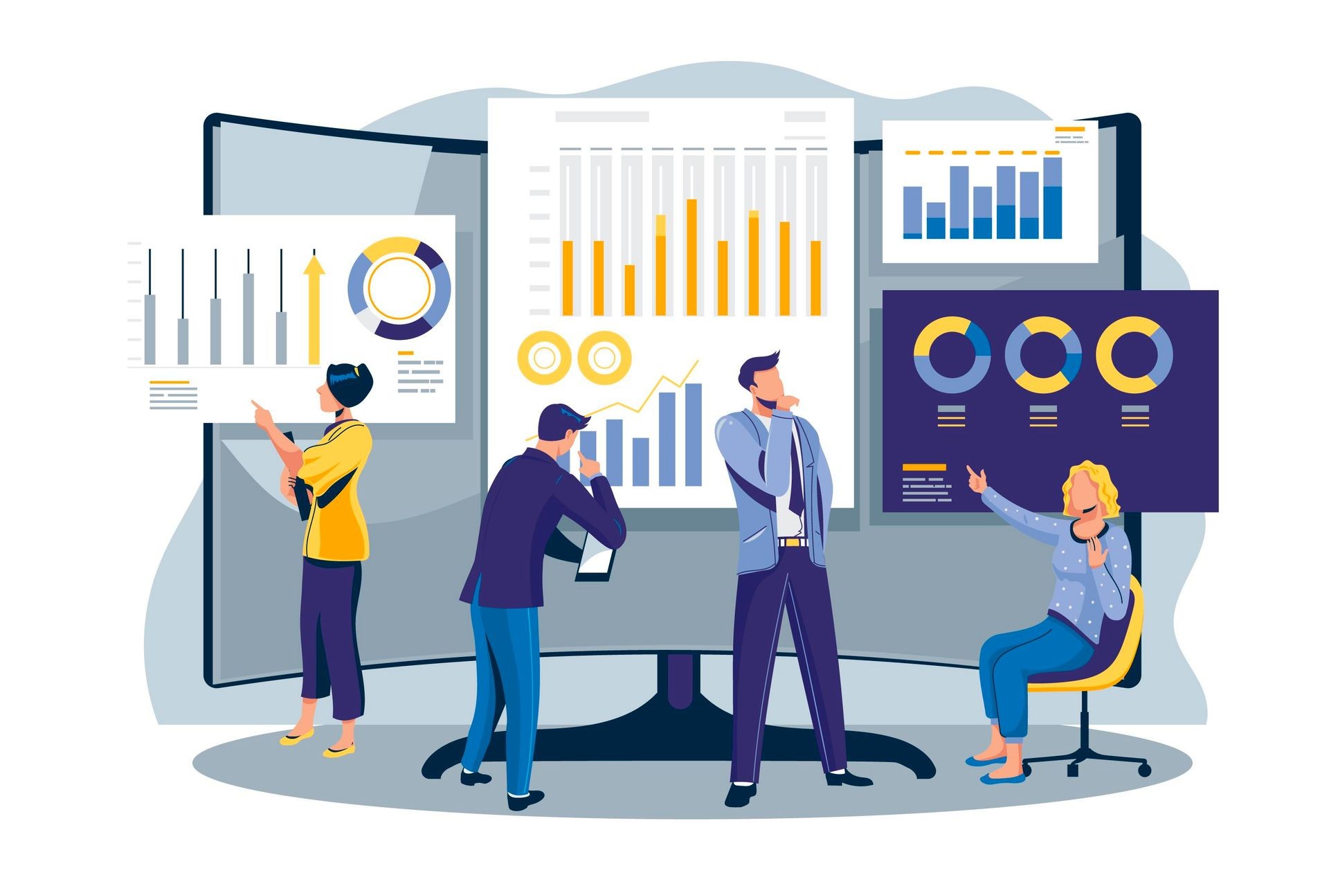 Illustration of four people analyzing various charts and graphs displayed on large screens in a collaborative workspace.