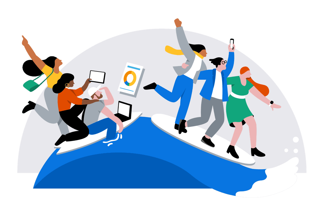 Illustration of four diverse people surfing on a large wave, holding devices like laptops and smartphones.