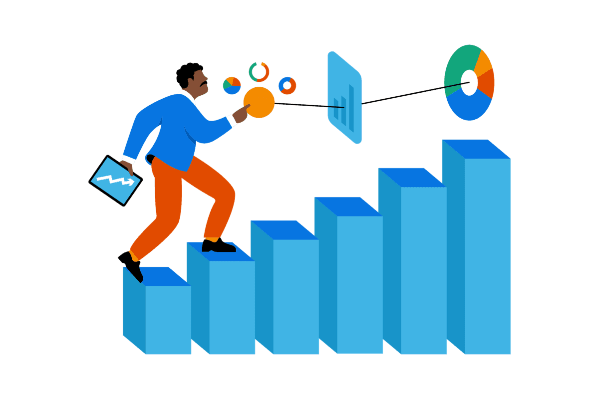 Illustration of a person holding charts and data, climbing ascending blue bars representing growth and progress.