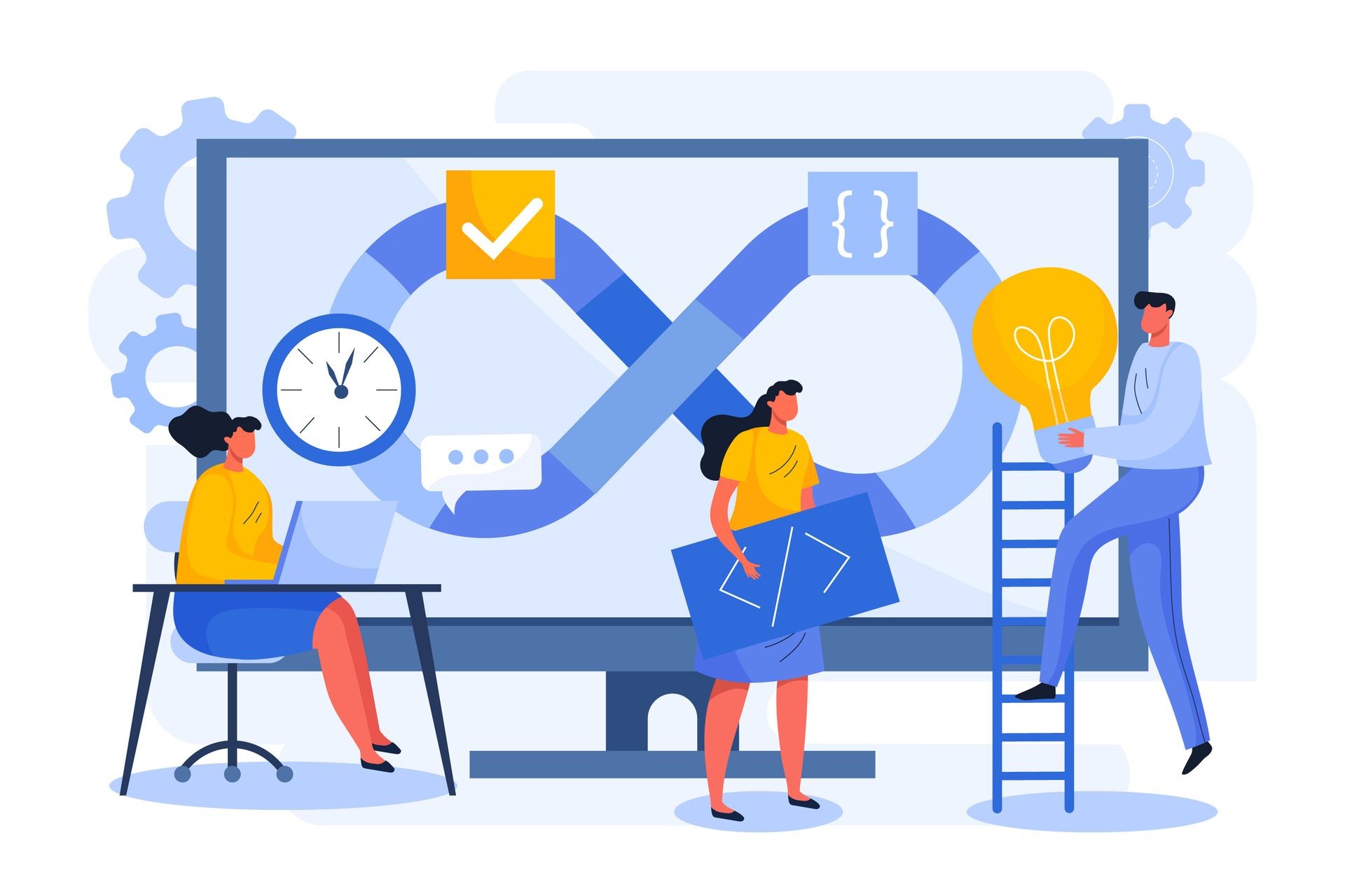 Illustration of people collaborating on software development with infinity symbol and tech icons on a screen.